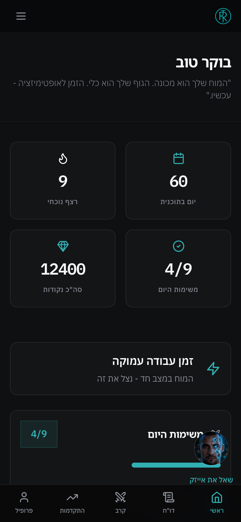 הדשבורד של התוכנית בטלפון: דיווח יומי, רצף, נקודות ומשימות